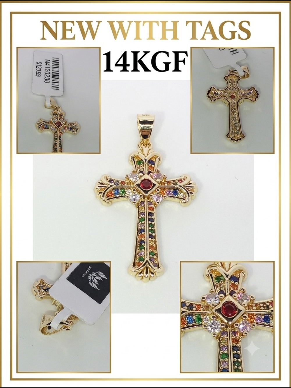 14KGF Multicolor Gem Cross Pendant - Women’s Gold-Filled Necklace Pendant Accent